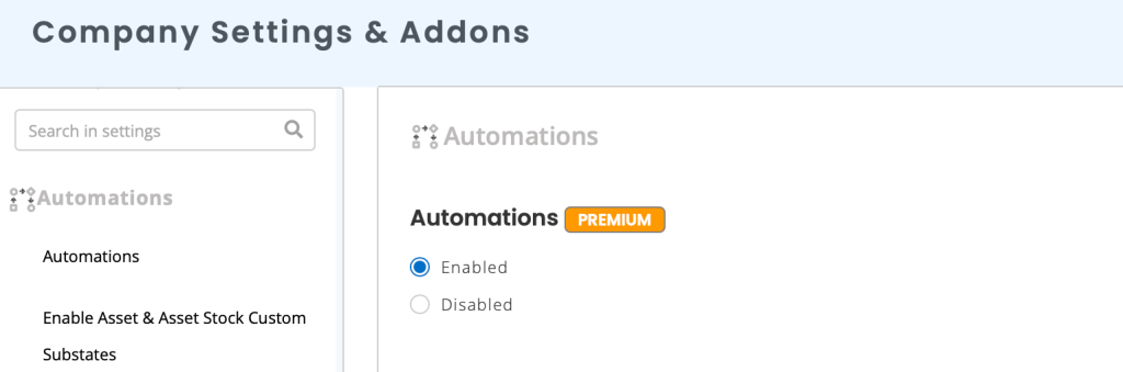 Company setting and addons page showing how to enable automations.