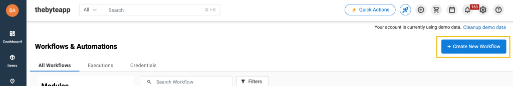 Workflow and automations page showing the Create New Workflow button.