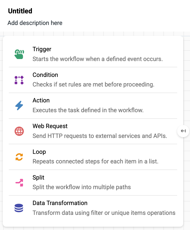 Workflow Details page showing the nodes available while creating a workflow.