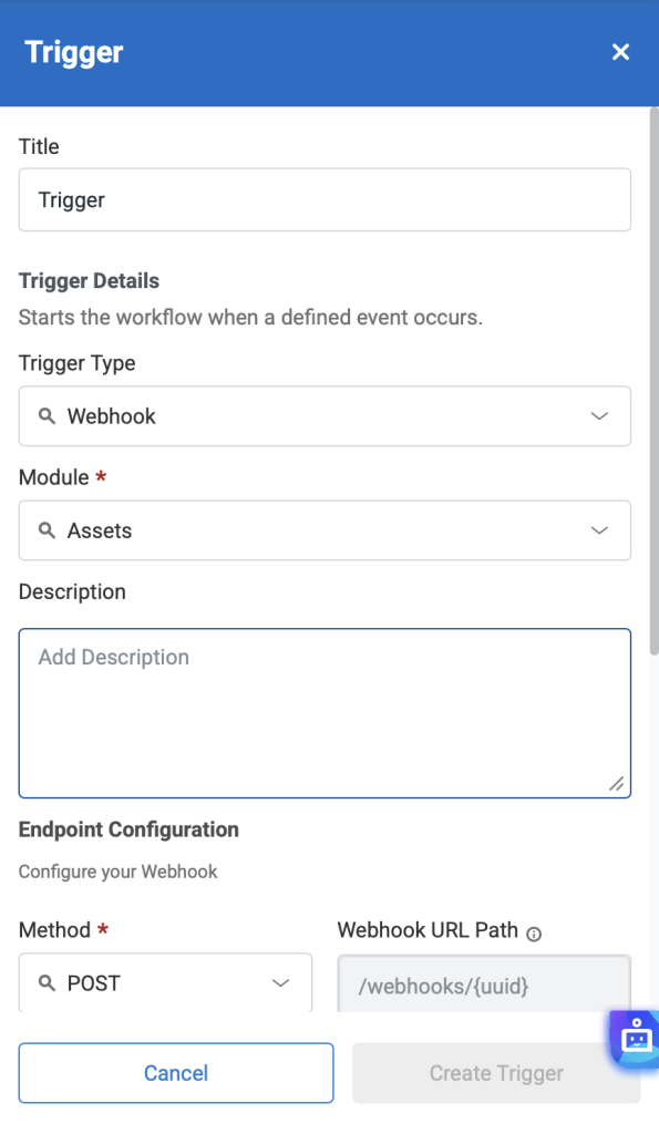 Trigger modal showing the webhook trigger type.
