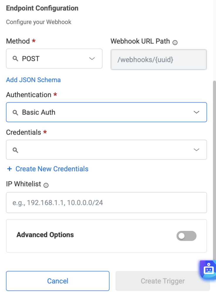 Trigger modal showing the endpoint configuration for webhook trigger type.