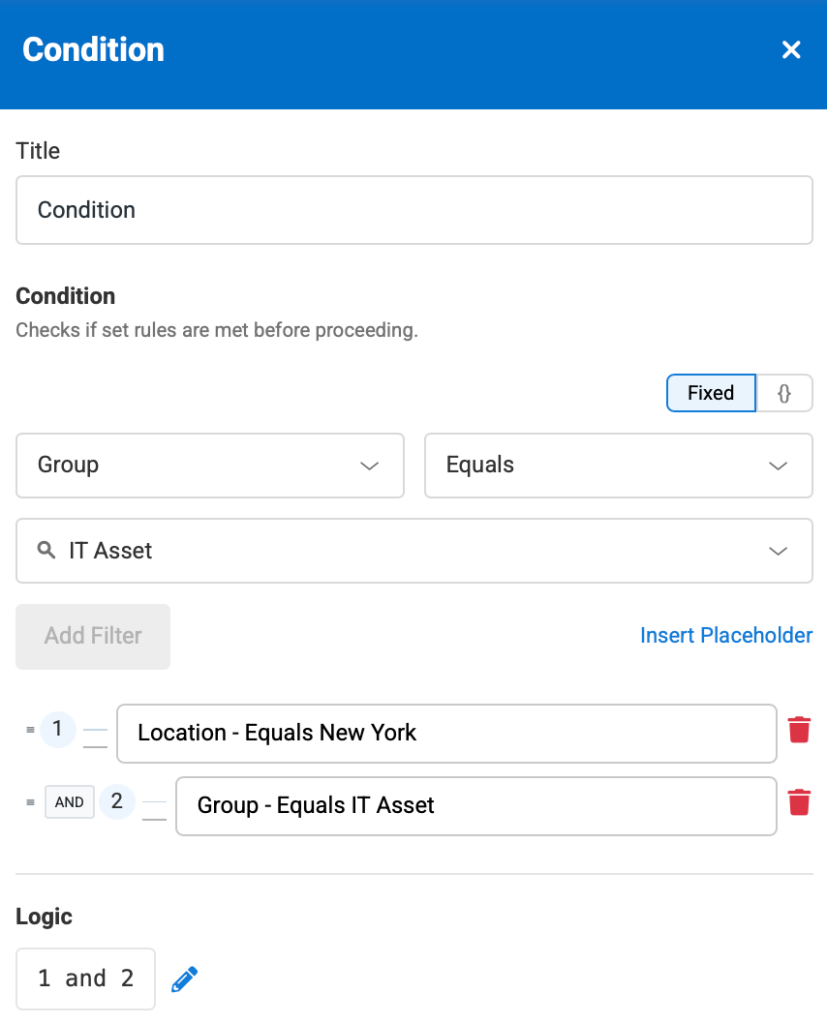 Condition modal showing the different filters we've added.