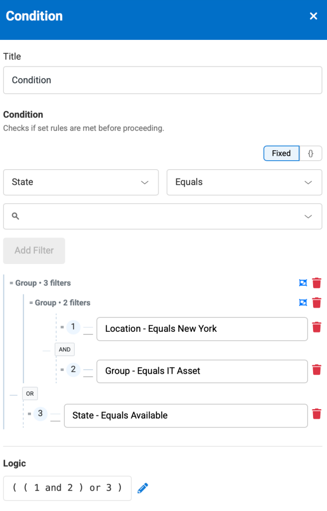 Condition modal showing a complex permeation of AND/OR logic.