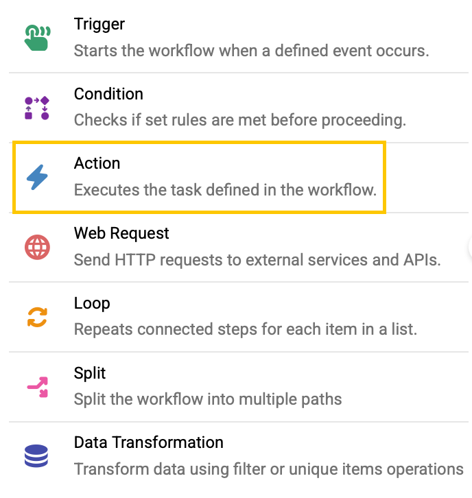 List of available nodes showing the Action node.