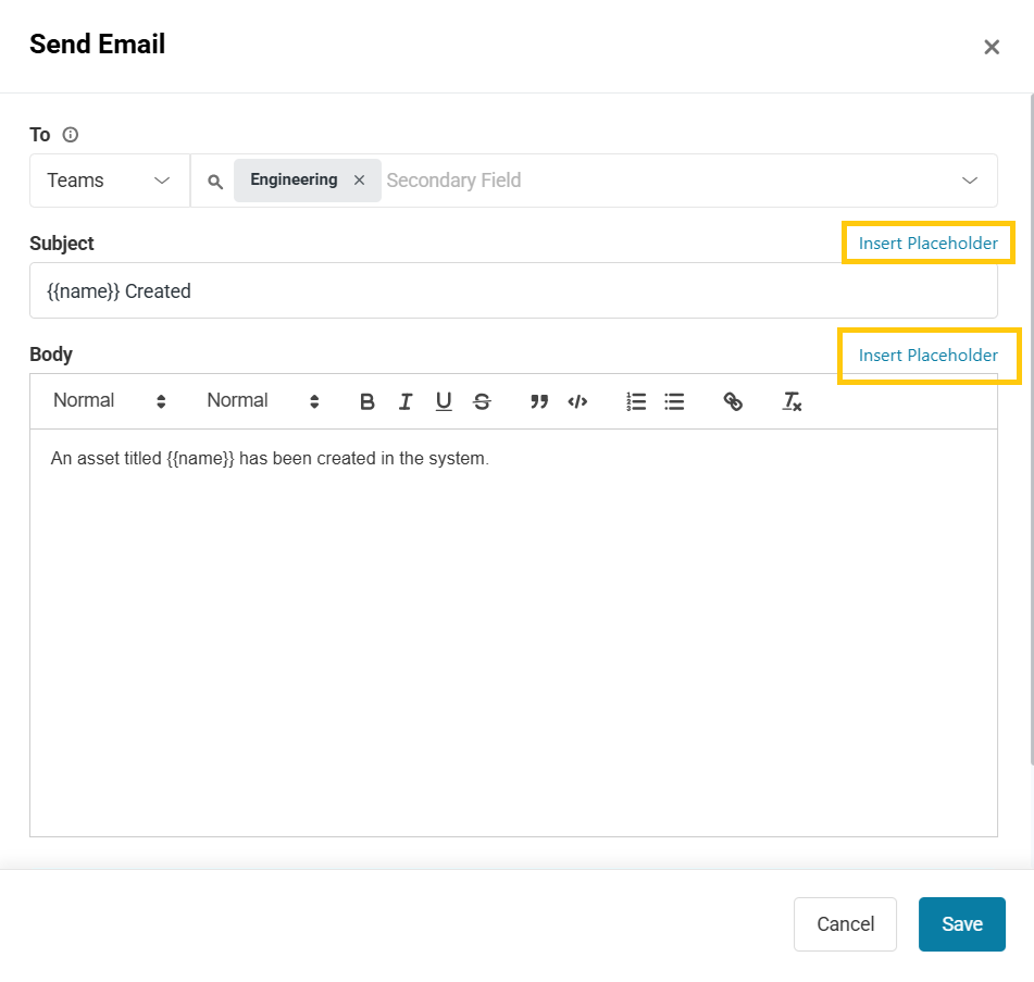 The email form showing how to add placeholders.