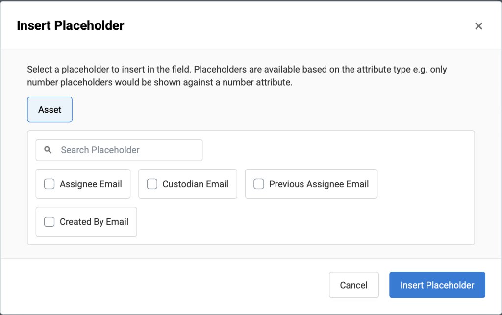 Insert placeholder pop-up showing the different placeholders we can add.