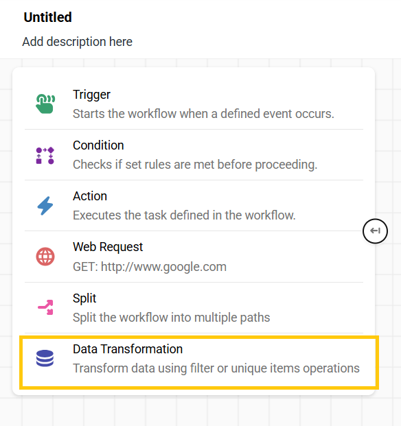 List of nodes showing the Data Transformation node.