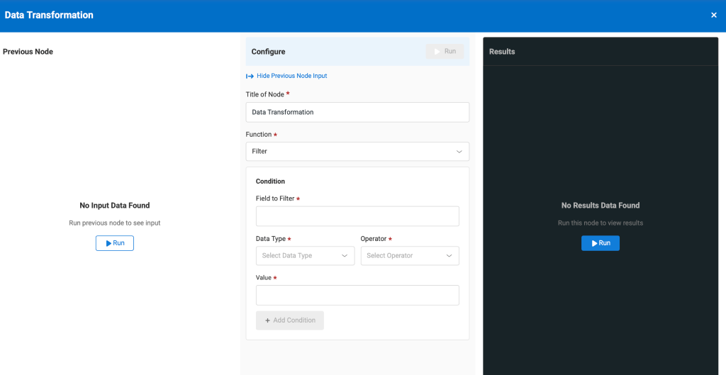 Data transformation modal showing the filter options.