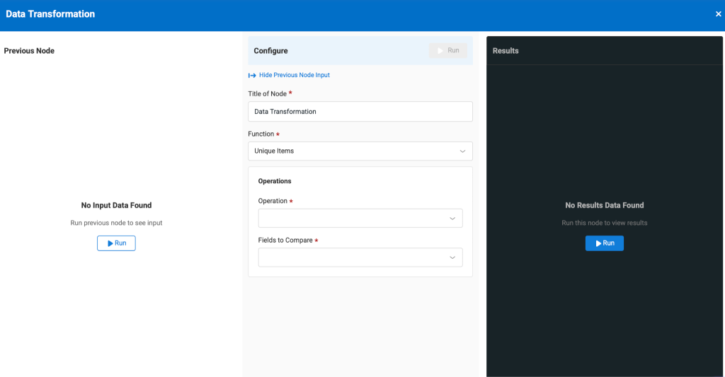 Data transformation modal showing the function drop-down.