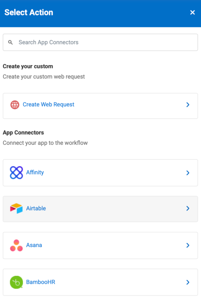 Action modal showing the app connectors available.