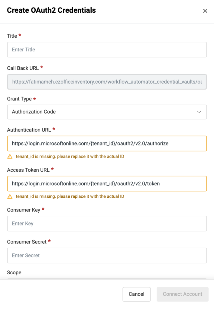 Credentials pop-up showing the relevant fields.