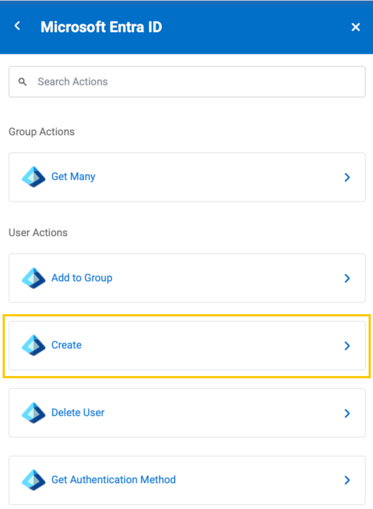 Action modal showing the actions available for Microsoft Entra.