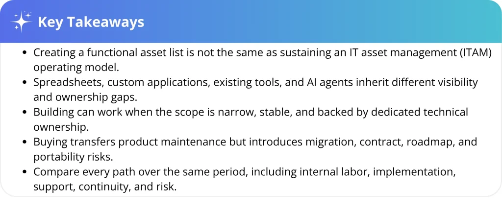 Key takeaways for choosing between building and buying an ITAM system