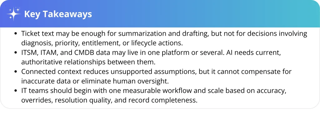 Key takeaways for using AI in ITSM with connected IT asset and service context