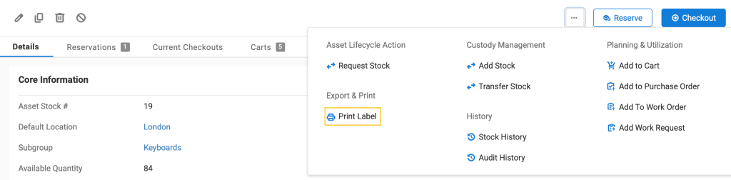 Asset stock item detail page showing the Print Label option.