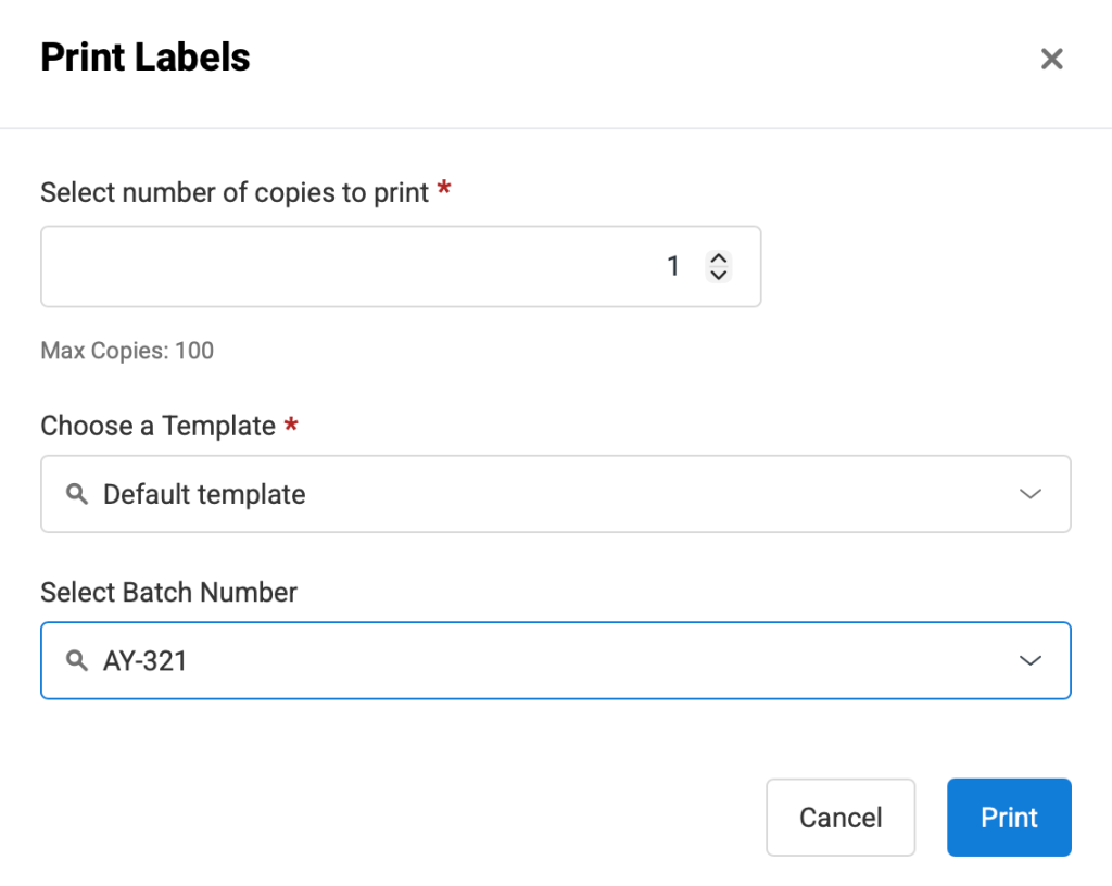 The Print Labels pop-up showing the different settings we can choose from.