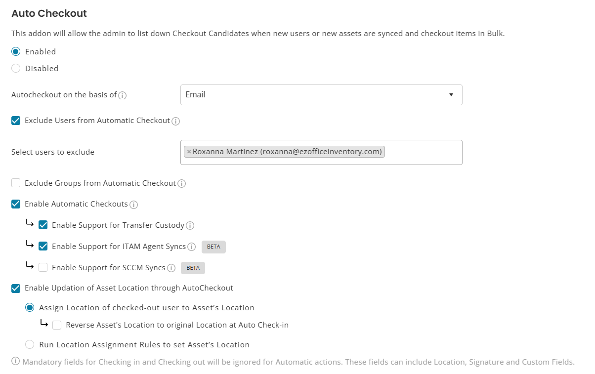 Auto Checkout settings enabled with email-based matching, user exclusions, automatic checkouts, transfer-of-custody support, Agent sync, and asset-location updates.