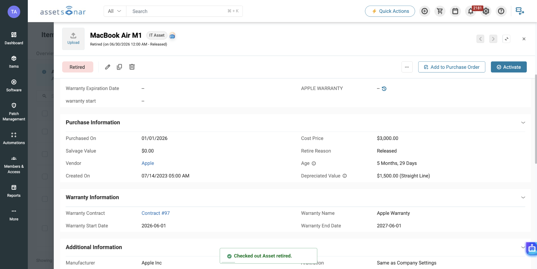 Retired MacBook Air asset record showing the retirement reason, salvage value, depreciated value, purchase information, and warranty details.