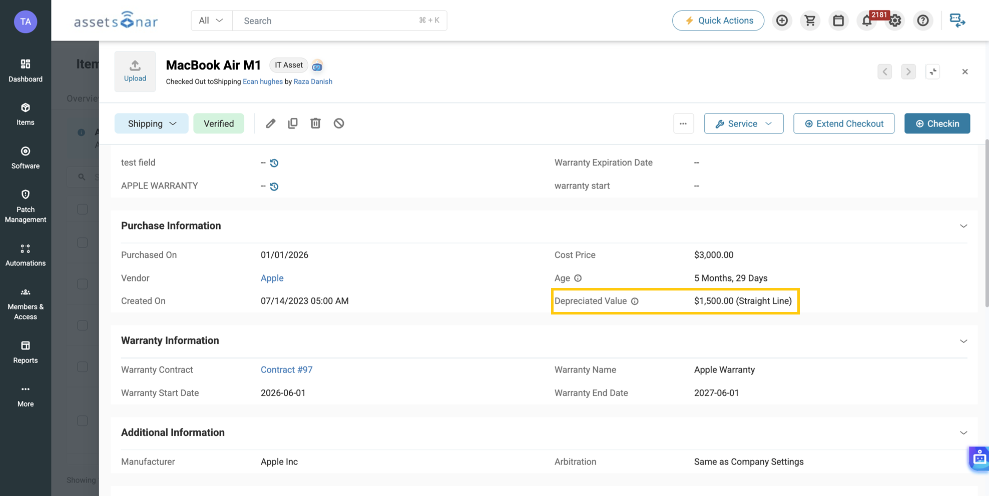 MacBook Air asset record with its straight-line depreciated value highlighted in the Purchase Information section.