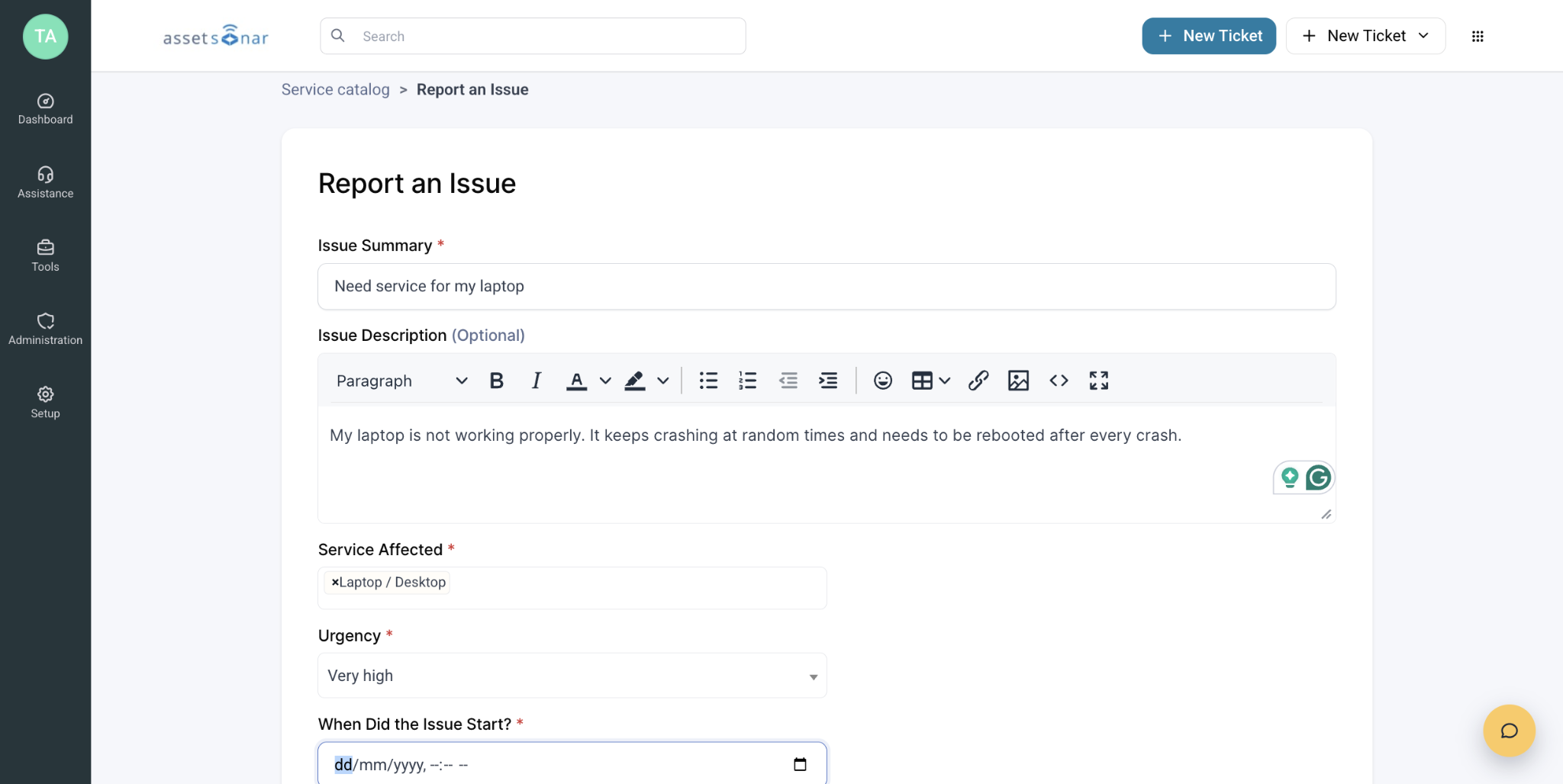 Report an Issue form completed for a laptop that crashes randomly, with the affected service and urgency fields populated.