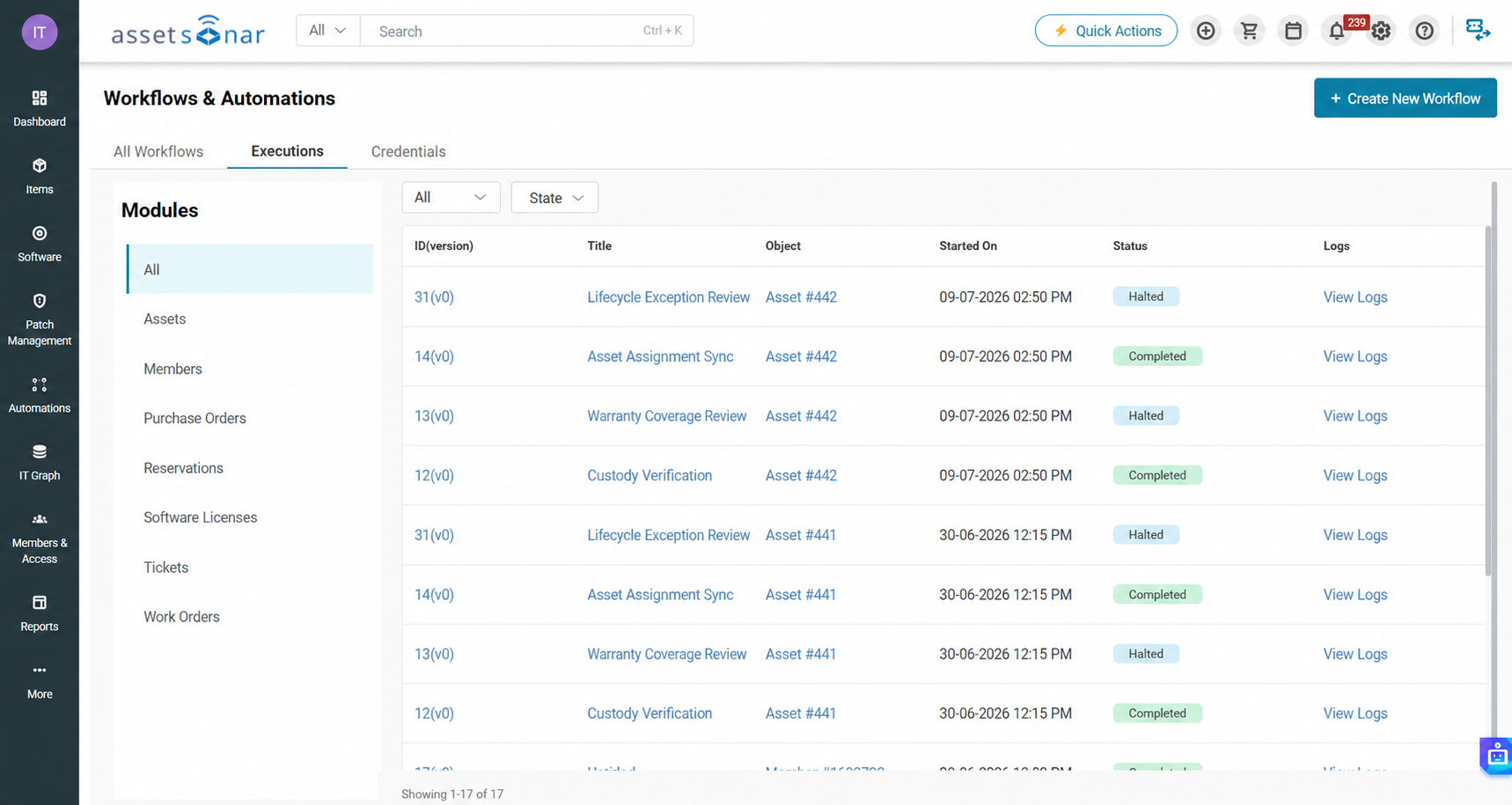 Automation Executions page listing asset-assignment, warranty, custody-verification, and exception-review runs with completed or halted statuses and log links.