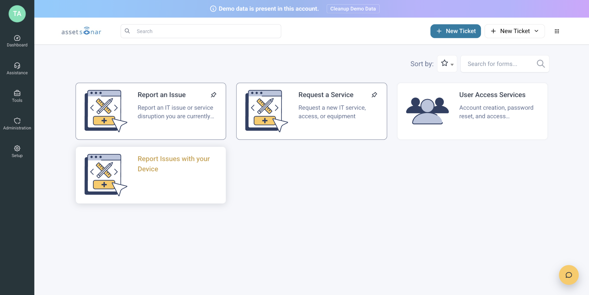 AssetSonar Service Catalog showing forms for reporting an issue, requesting a service, requesting user access, and reporting a device problem.