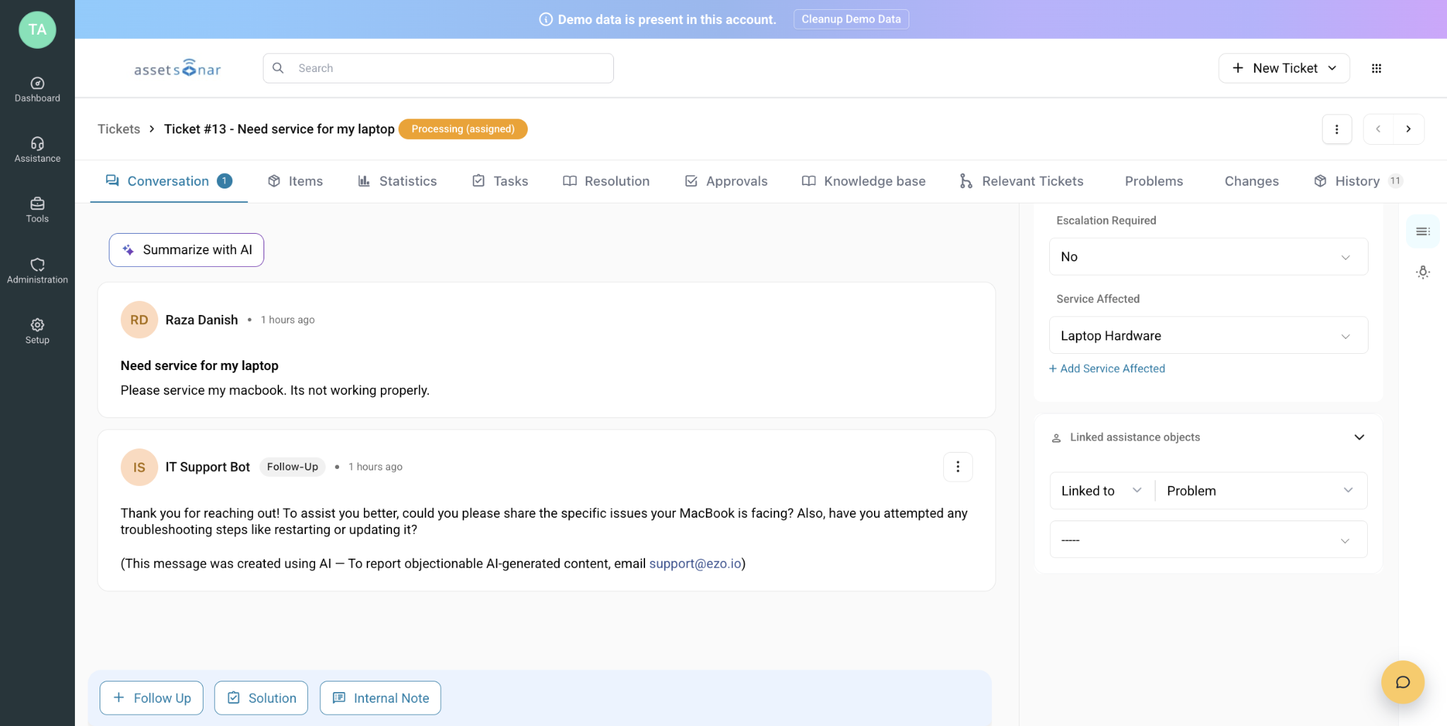 ITSM ticket conversation for a laptop service request, showing the requester’s message, an automated response, and the affected service category.