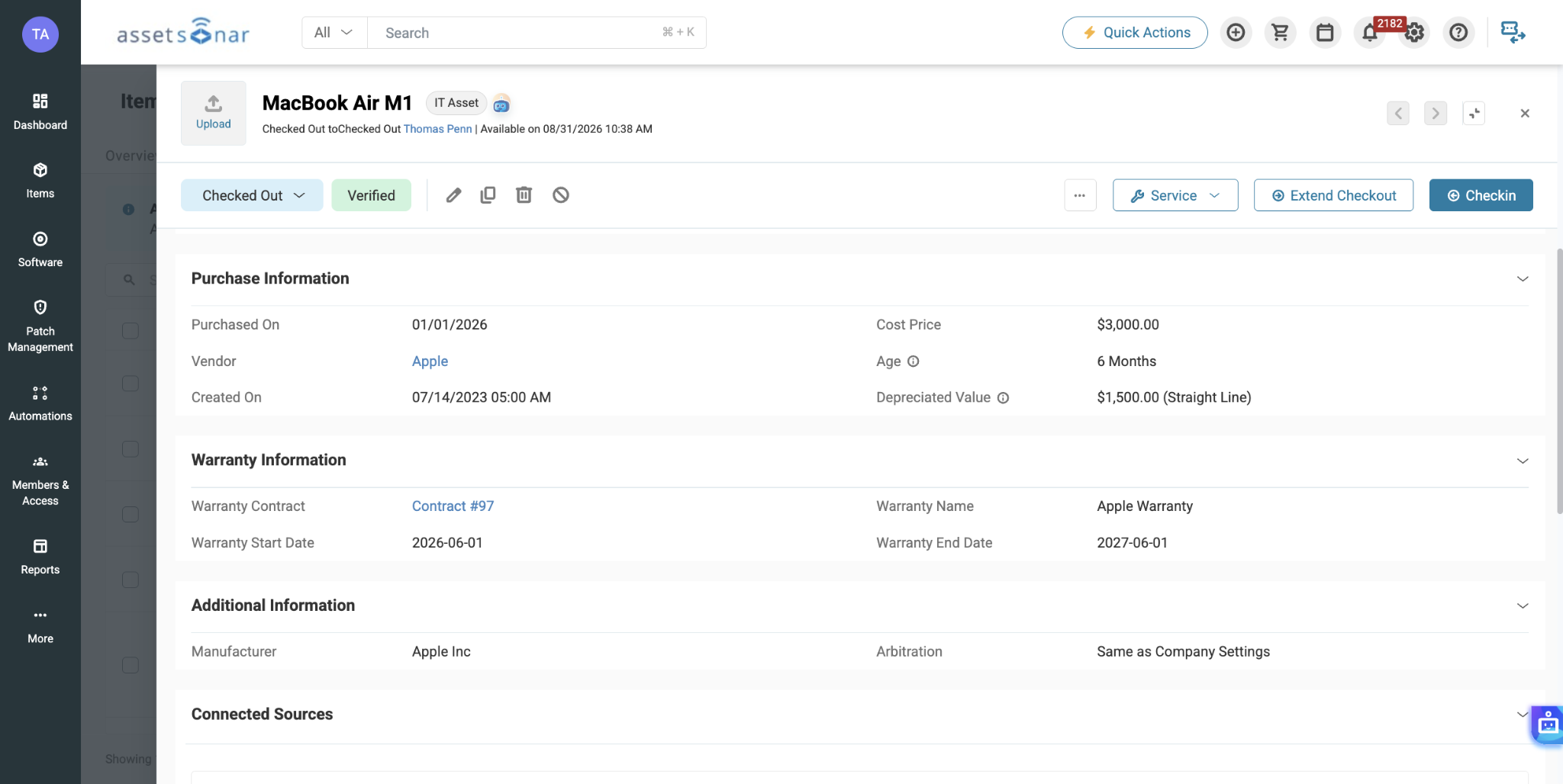 MacBook Air asset record showing purchase details and an Apple warranty contract with its coverage start and end dates.