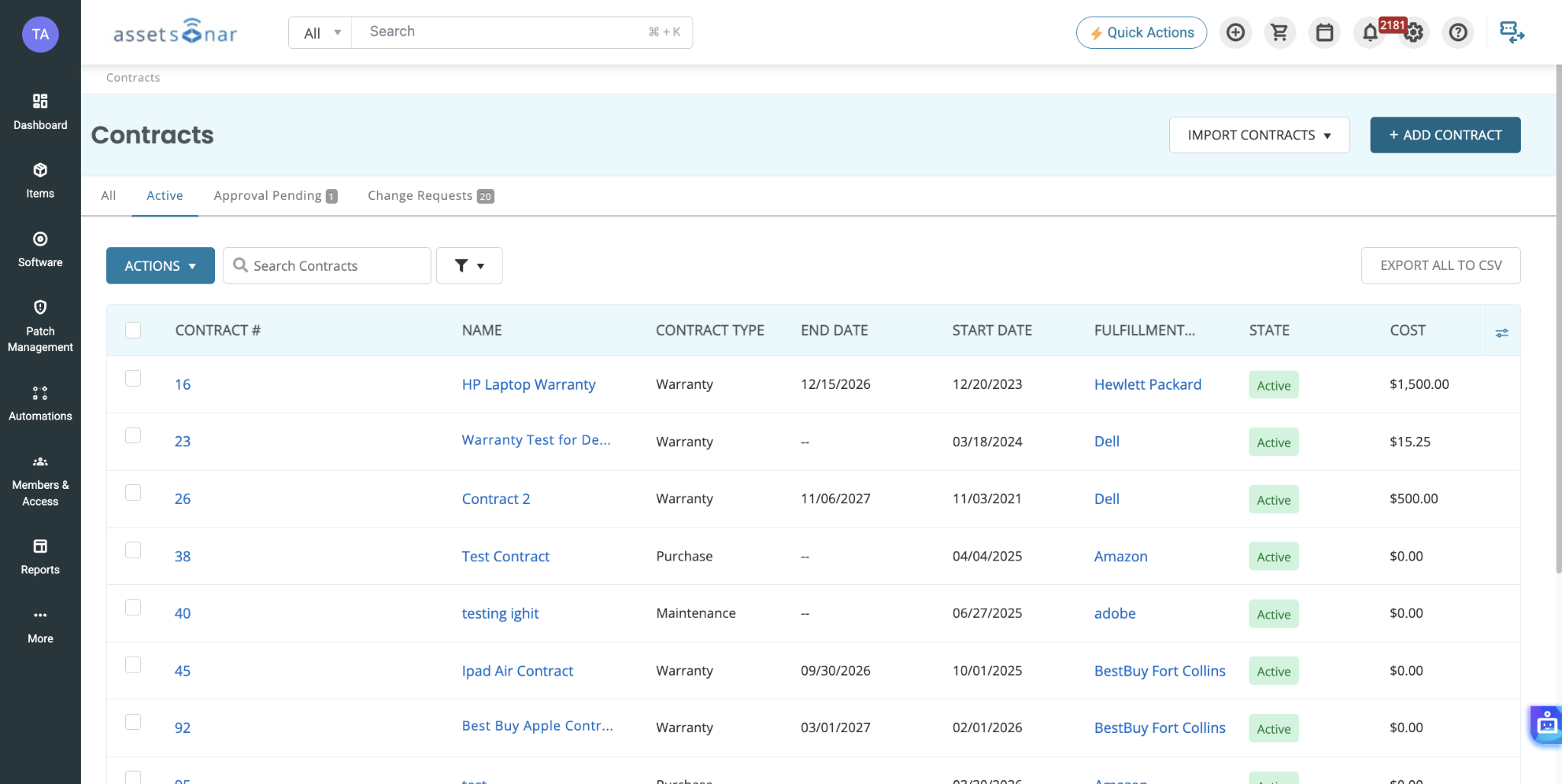 Contracts page listing active warranty, purchase, and maintenance contracts with providers, dates, states, and costs.