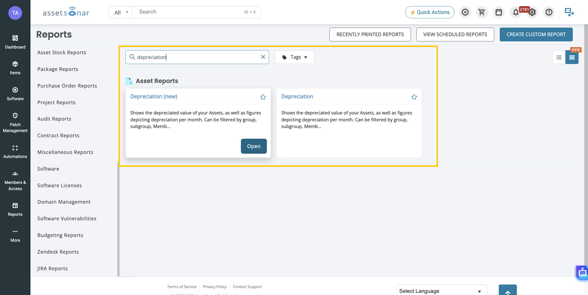 Reports page filtered for depreciation, showing the available asset depreciation reports.