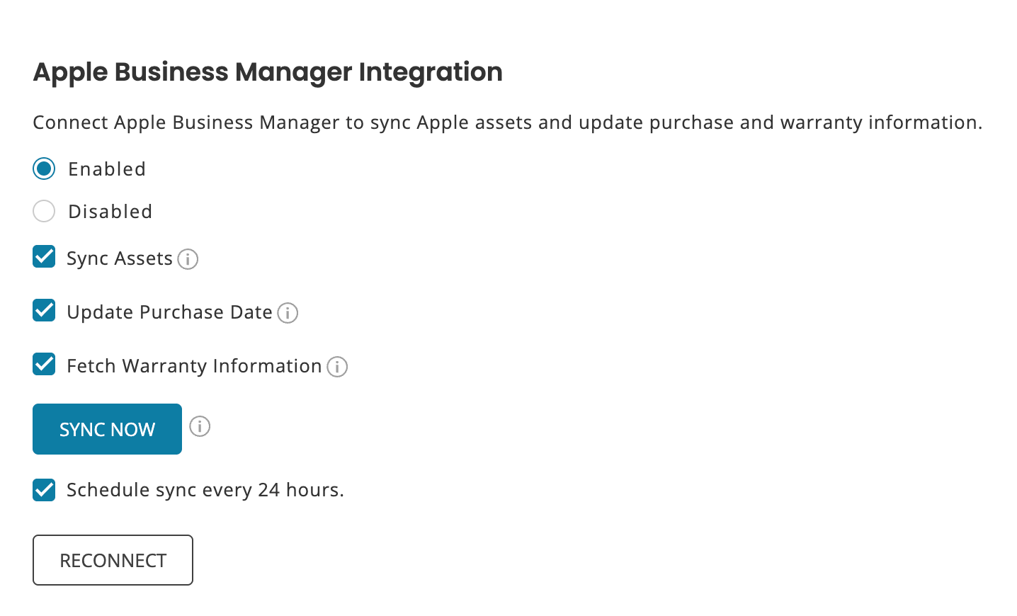 Apple Business Manager Integration settings in AssetSonar with asset syncing, purchase date updates, warranty fetching, and 24-hour scheduled syncing enabled.