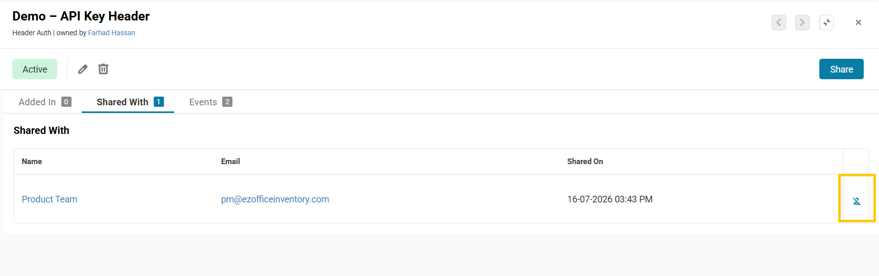 API Key Header credential details on the Shared With tab, showing a user with access and the Remove Access action highlighted.