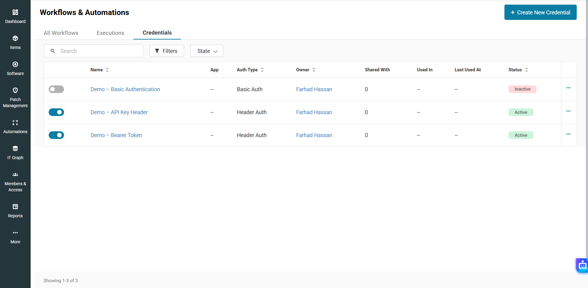 Credentials tab in AssetSonar listing credentials with their owners, usage, sharing, and status.