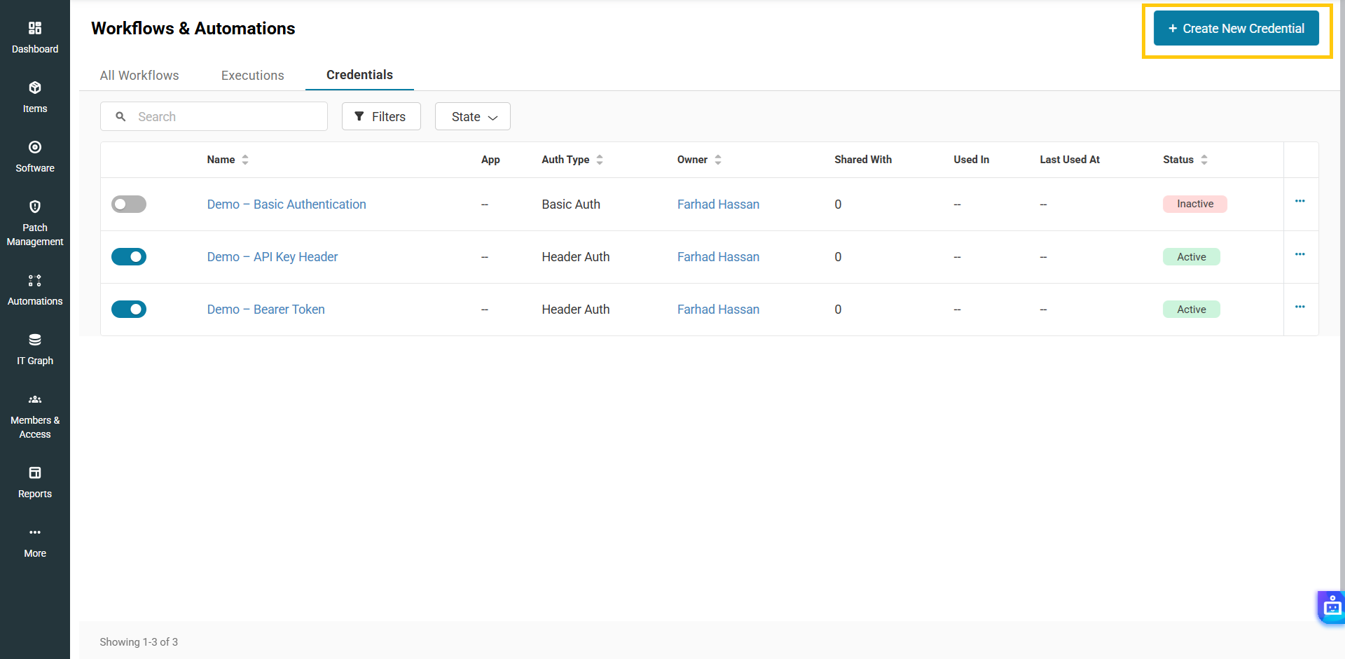 AssetSonar Credentials tab with the Create New Credential button highlighted.