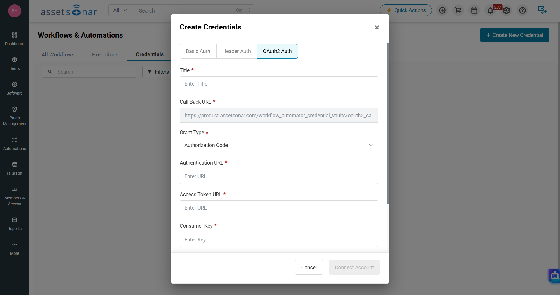 Create Credentials window with OAuth2 authentication selected and fields for the authorization and access-token details.