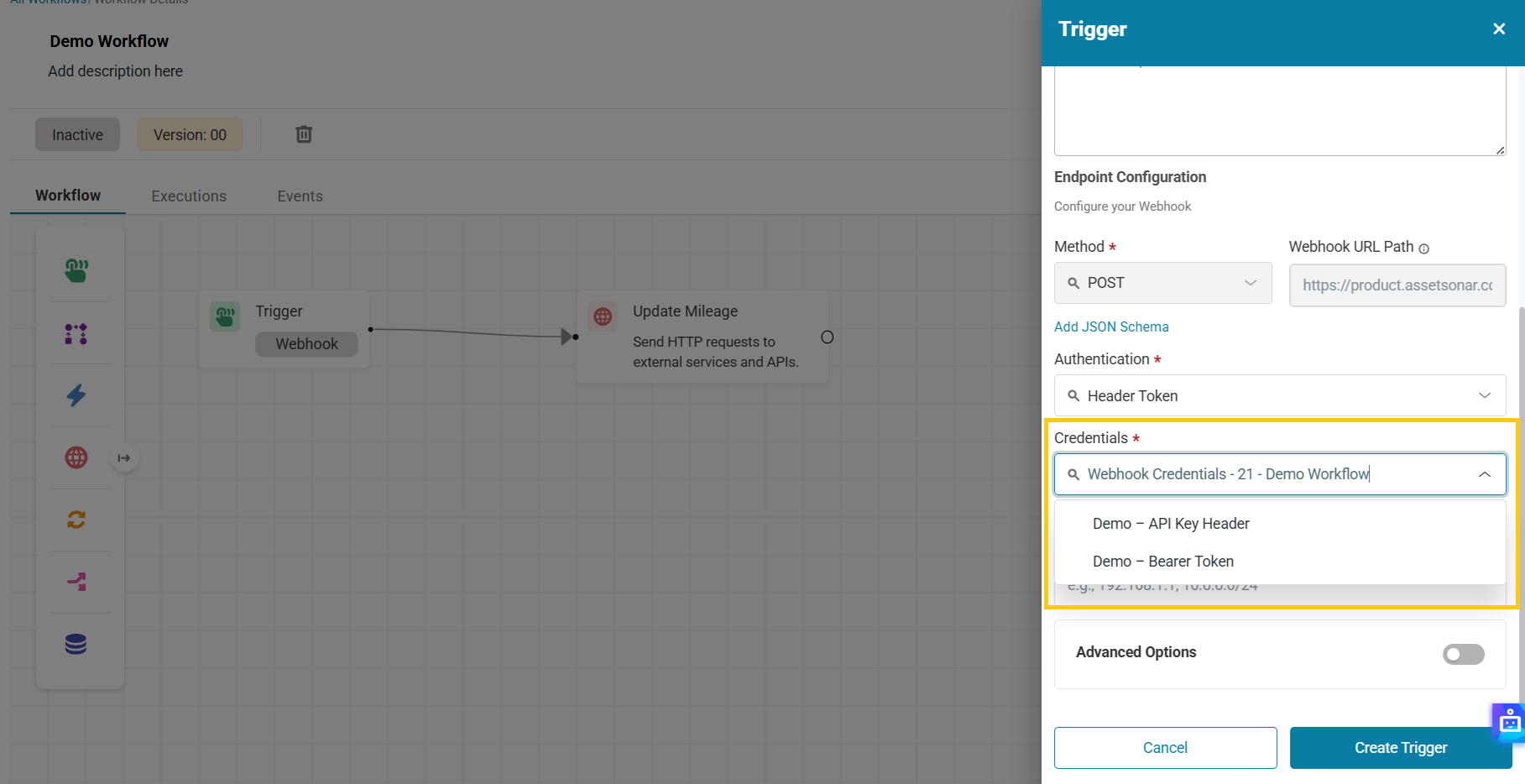 Workflow trigger configuration with the Credentials dropdown open, showing the available authentication credentials.