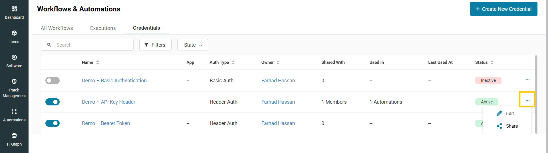 Credentials listing with the actions menu open for an API Key Header credential, showing the Edit and Share options.