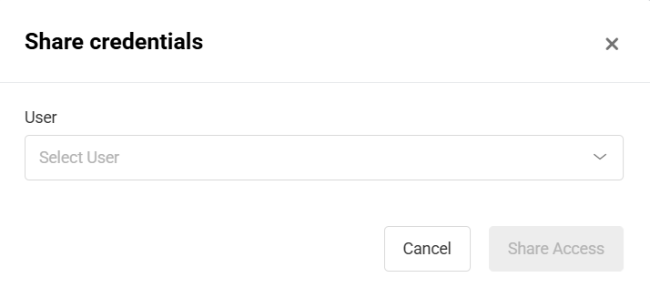 Share credentials window with a dropdown for selecting the user who should receive access.