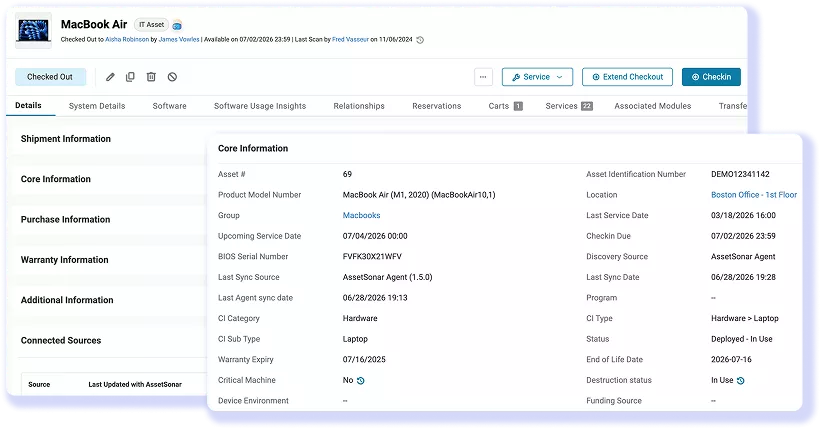 AssetSonar asset record showing identification, discovery source, last sync source, and sync date.