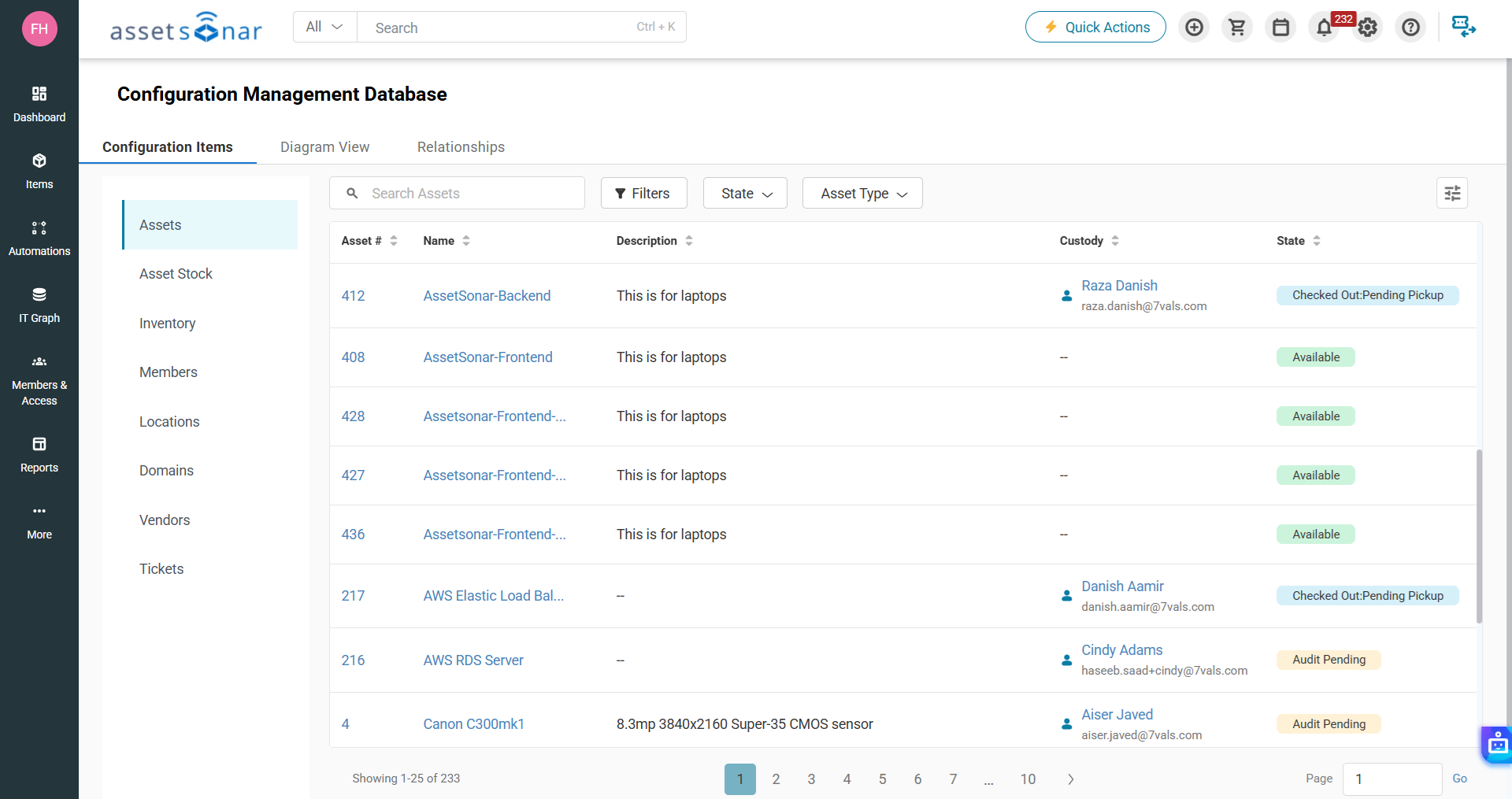 AssetSonar Configuration Items page listing assets, with CI types such as Assets, Members, Locations, Vendors, and Tickets in the sidebar.
