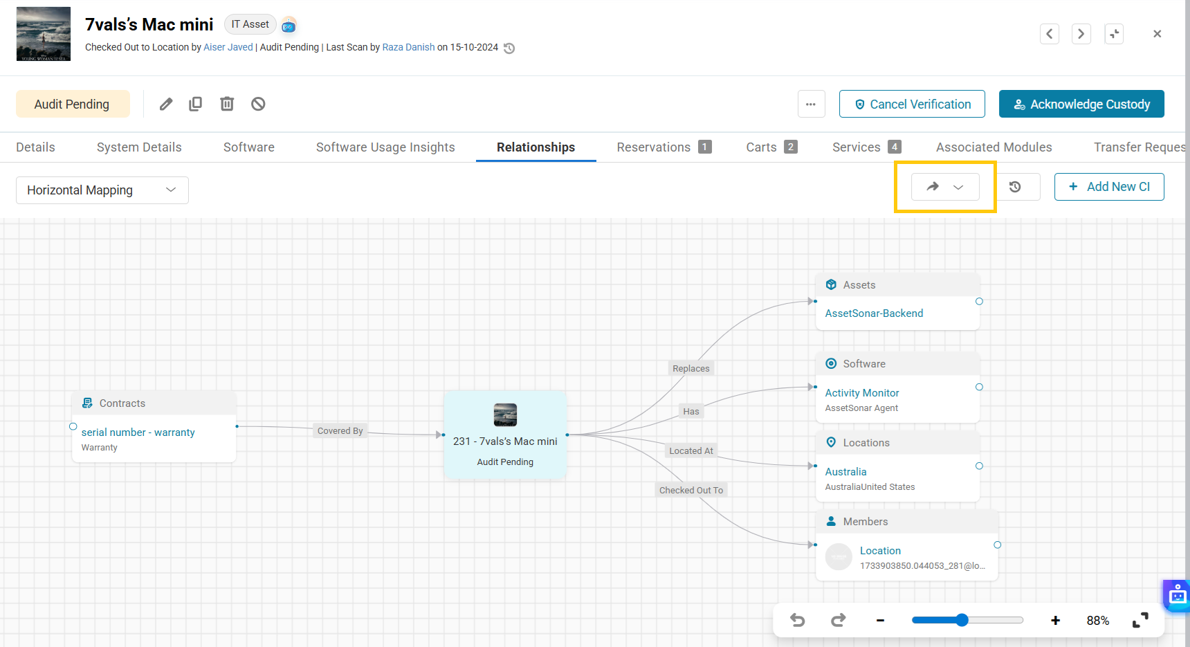 AssetSonar relationship map for a Mac mini connected to a contract, assets, software, locations, and members, with the export menu highlighted.