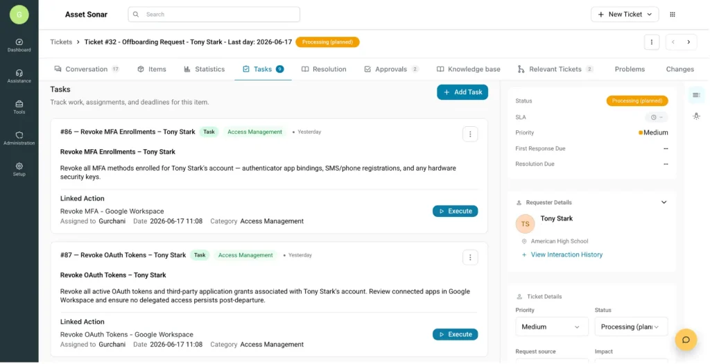 AssetSonar offboarding ticket with tasks to revoke MFA and OAuth access