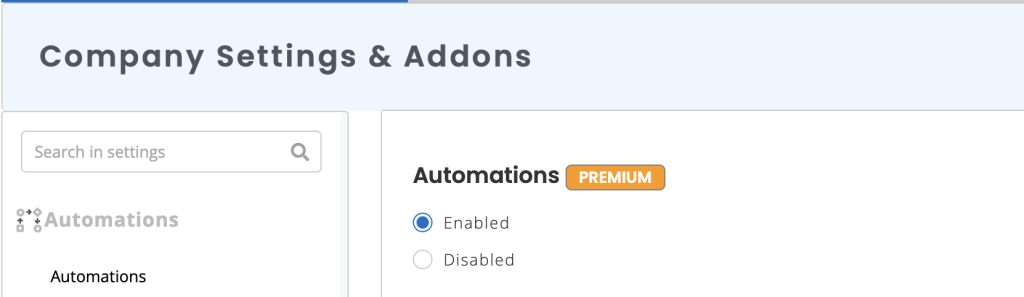 Company settings page showing the option to enable automations.