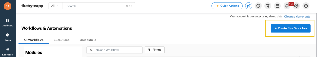 Workflow automation page showing the + Create New Workflow button.