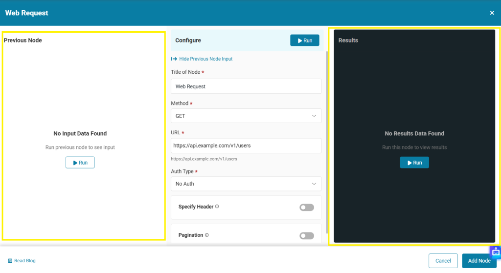 Web Request modal showing the Previous Node and Results option.