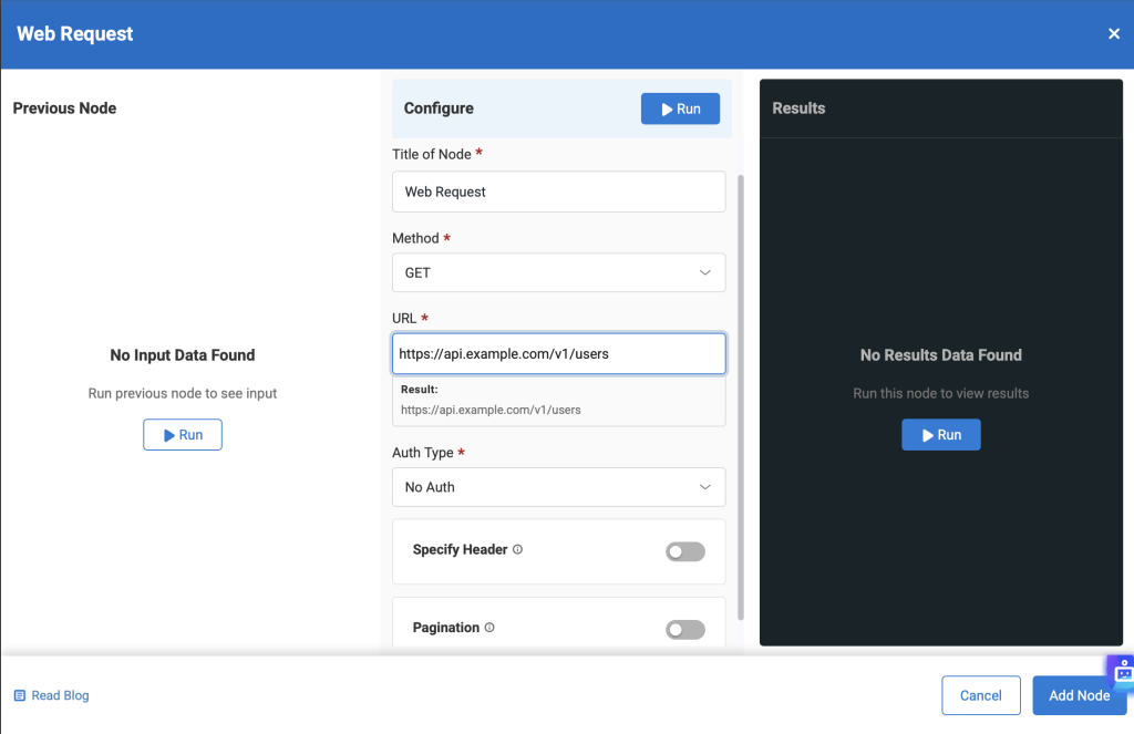 Workflow automation canvas showing the Web Request modal.