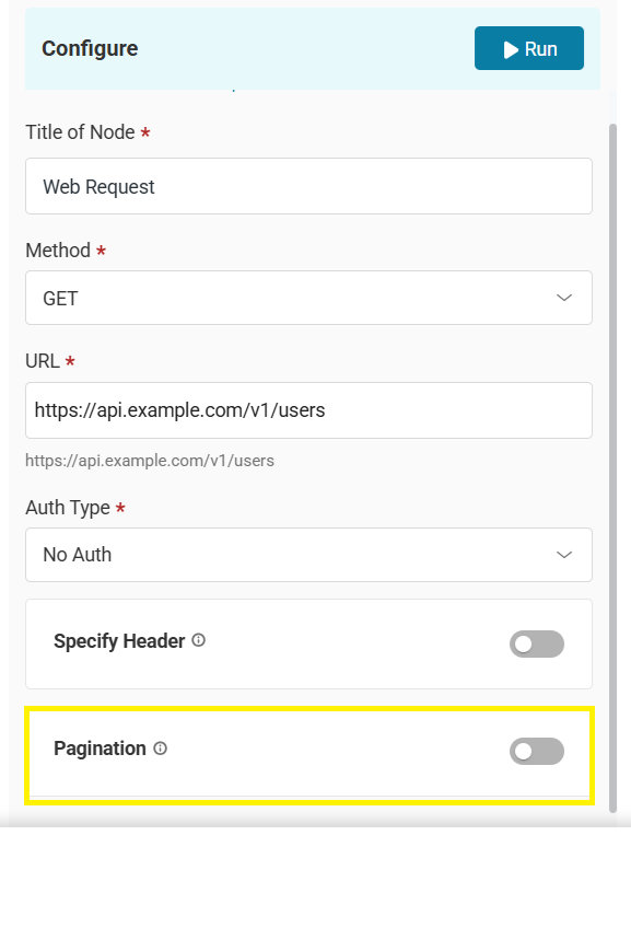 Web Request modal showing the Pagination option.