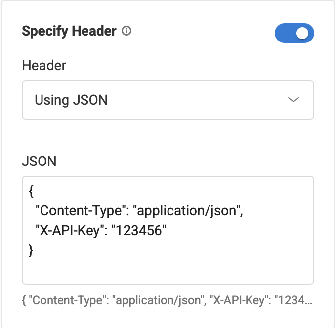 Web Request modal showing the Header fields using JSON.