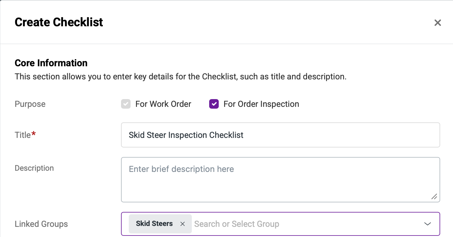 Creating an equipment inspection checklist with linked equipment groups in EZRentOut.