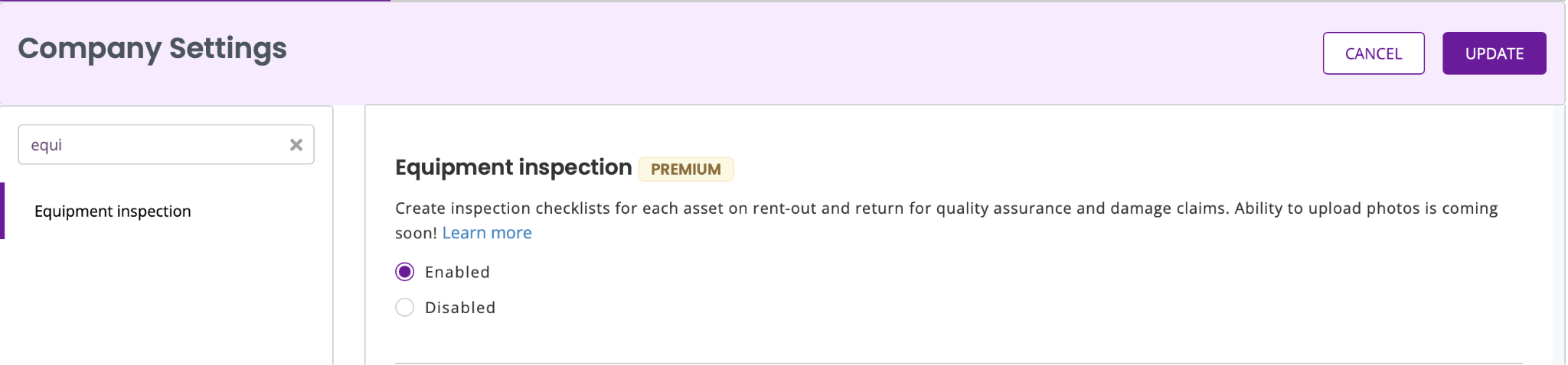 Enabling Equipment Inspection from Company Settings and Addons in EZRentOut.